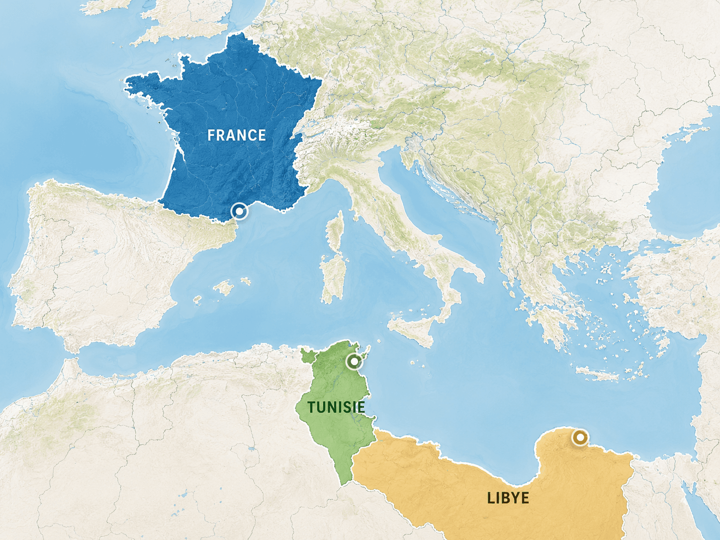 Carte des terrains d'étude — France, Tunisie, Libye